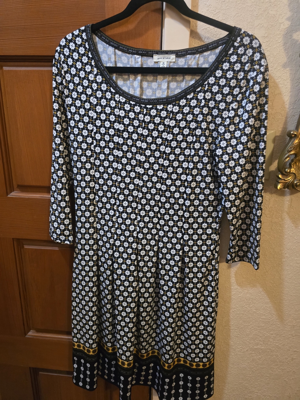 Max Studio Black Knit Dress with White Floral Print and Gold Border